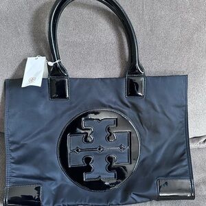 NWT Tory Burch nylon black patent Ella tote — large